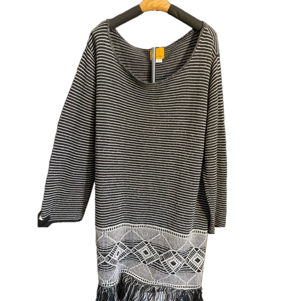 Ruby Rd Womens Large Black White Striped Geometric Fringe Knit Tunic Sweater L